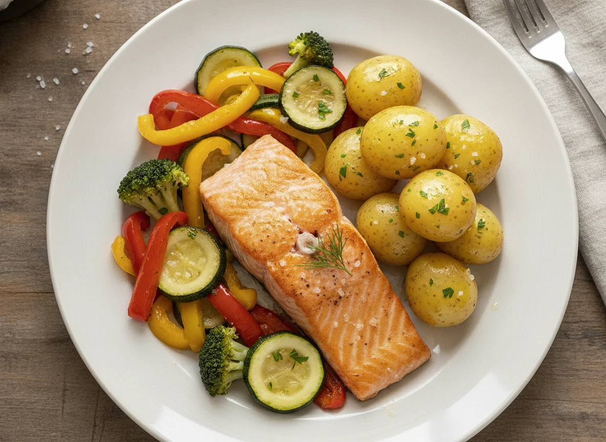 Gebratenes Lachsfilet mit Salzkartoffeln und Pfannengemüse photo