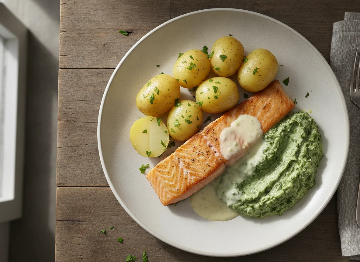 Gebratenes Lachsfilet mit Salzkartoffeln und Rahmspinat photo