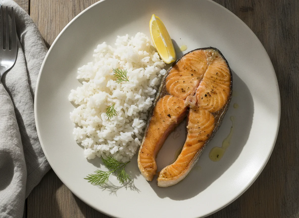Gebratenes Lachsfilet mit weißem Reis photo