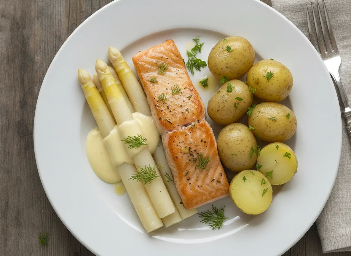 Gebratenes Lachsfilet mit weißem Spargel, Salzkartoffeln und Sauce Hollandaise photo