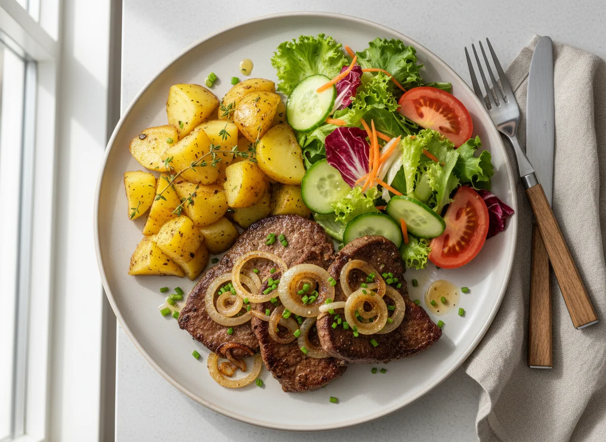 Gebratenes Lebergericht mit Bratkartoffeln und Salat photo