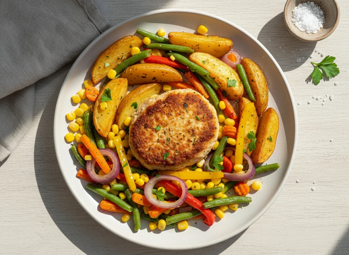 Gebratenes Patty mit Gemüse und Kartoffelspalten photo