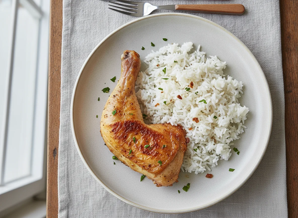 Gebratenes Pouletschenkel mit Reis photo