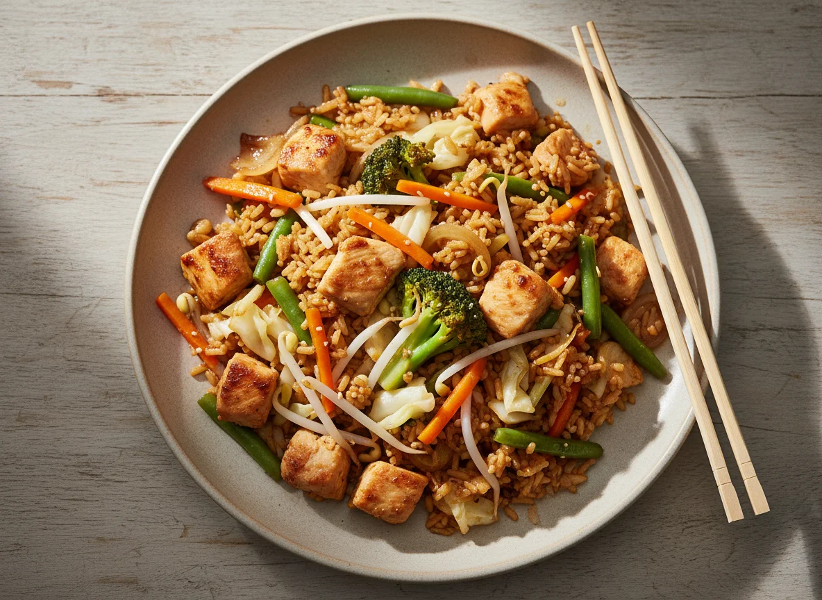 Gebratenes Reis mit Huhn und Gemüse photo