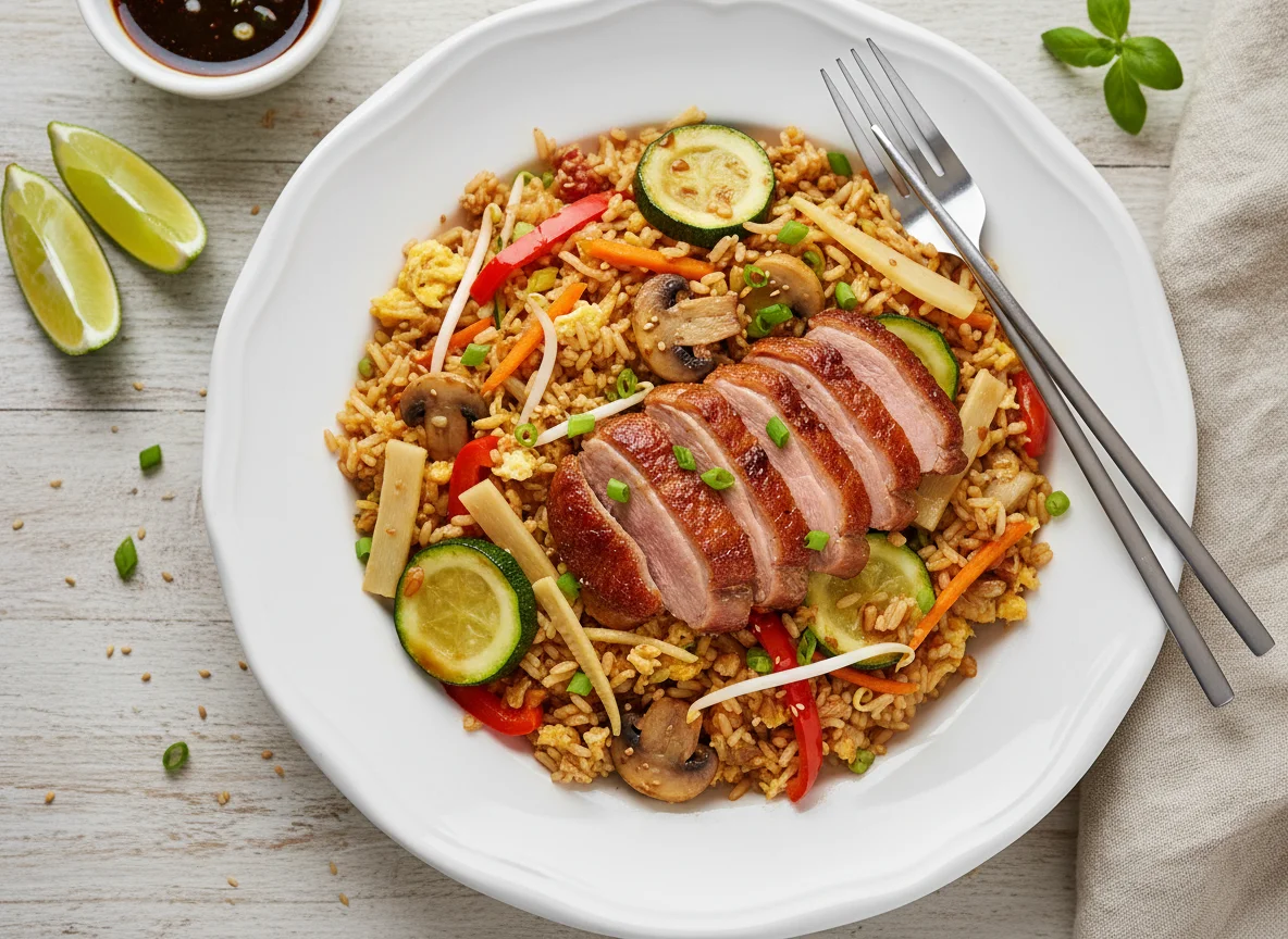 Gebratenes Reisgericht mit Ente und Gemüse photo