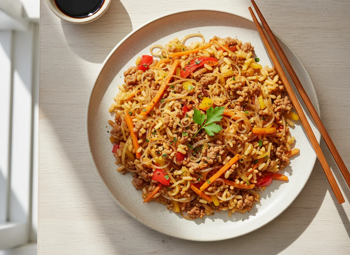 Gebratenes Reisgericht mit Hackfleisch und Gemüse photo