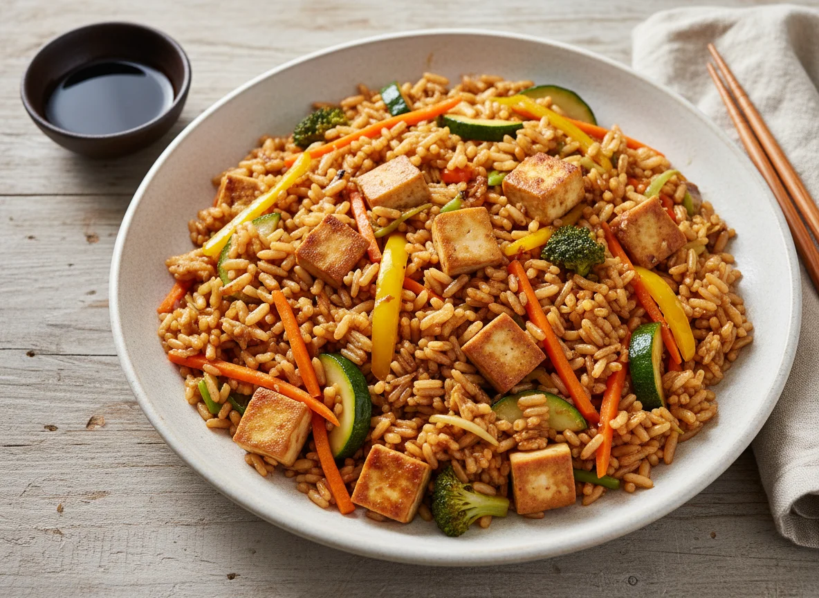 Gebratenes Reisgericht mit Tofu und Gemüse photo