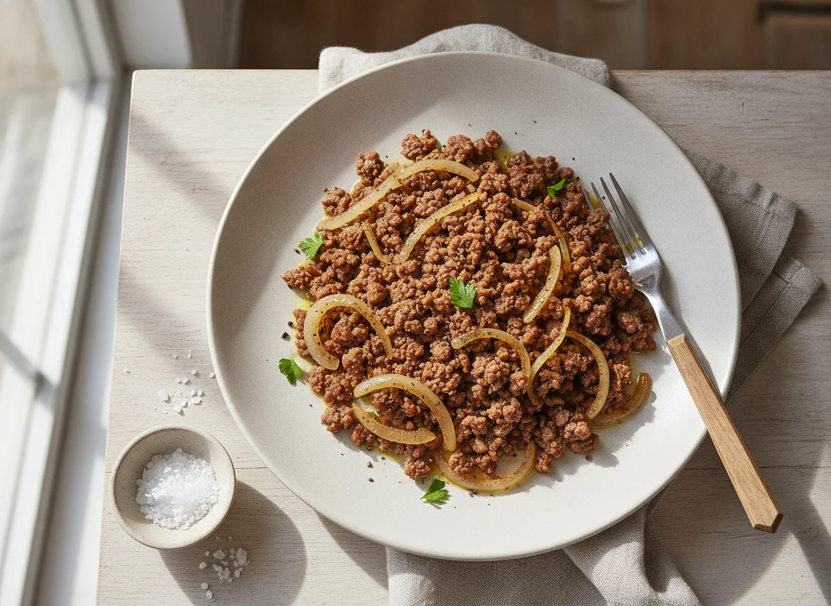 Gebratenes Rinderhackfleisch mit Zwiebeln photo