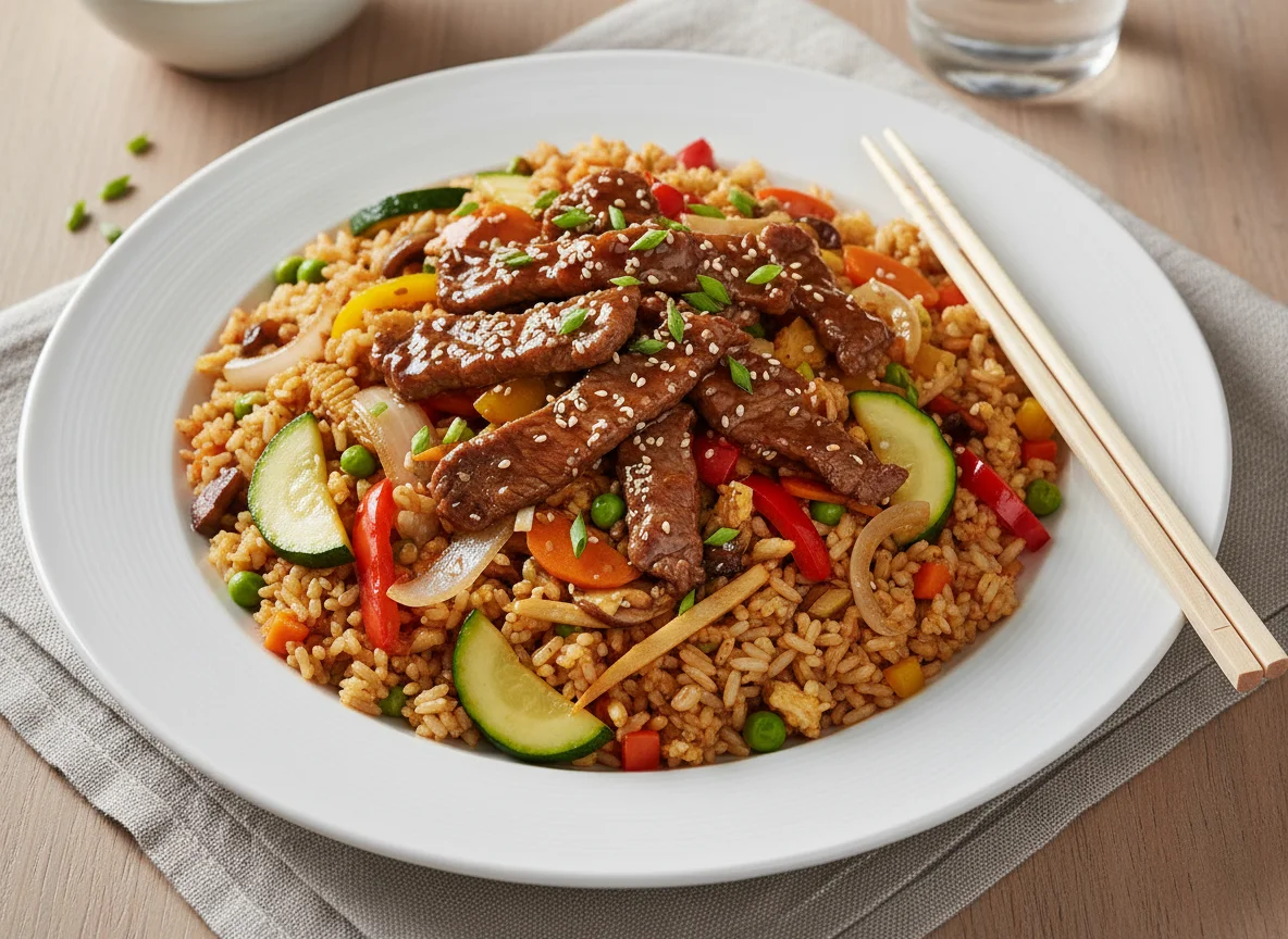 Gebratenes Rindfleisch mit Gemüse und gebratenem Reis photo