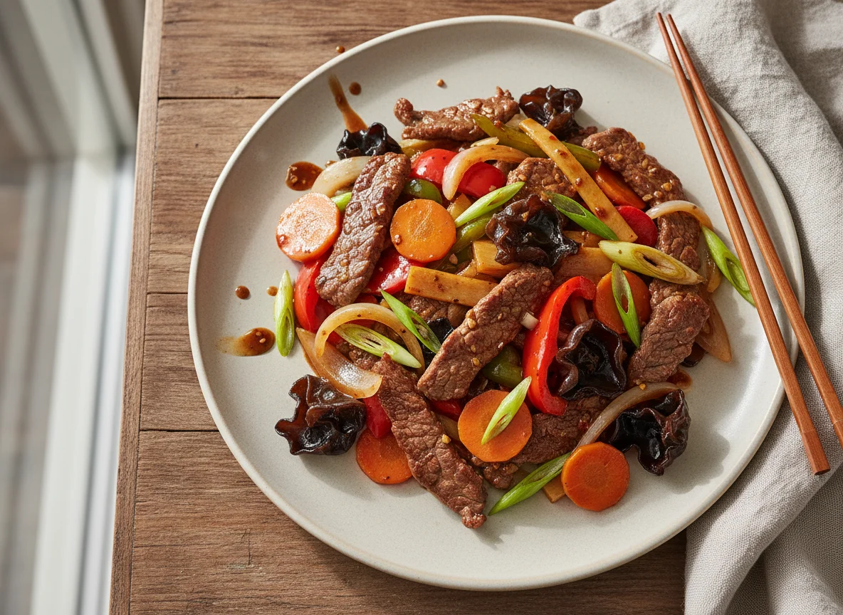 Gebratenes Rindfleisch mit Gemüse und Pilzen photo
