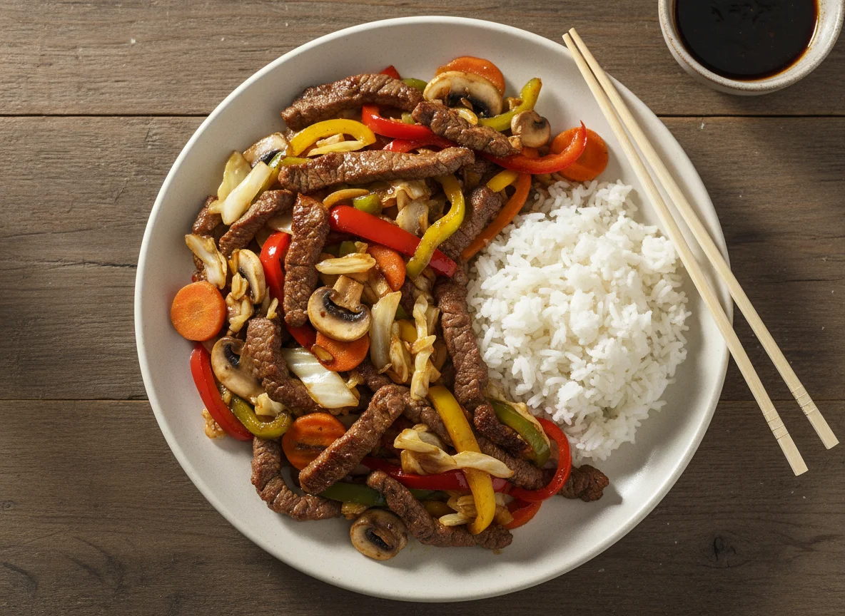 Gebratenes Rindfleisch mit Gemüse und Reis photo