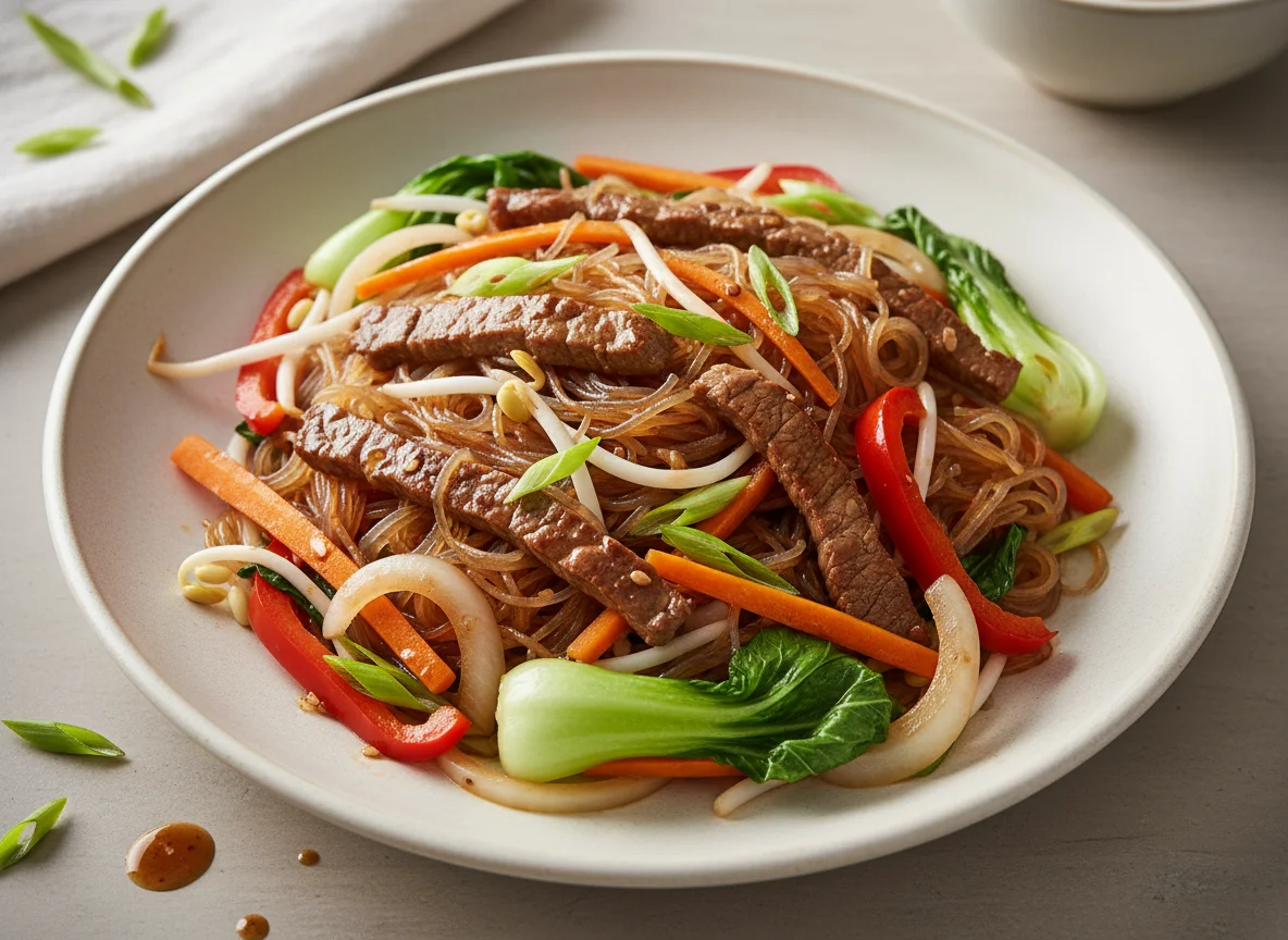 Gebratenes Rindfleisch mit Glasnudeln und Gemüse photo