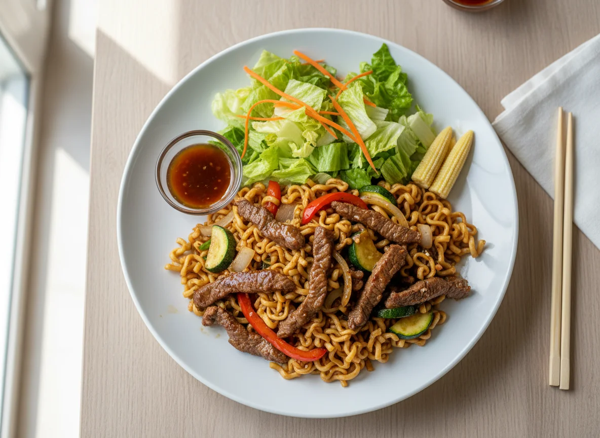 Gebratenes Rindfleisch mit Nudeln und Salat photo