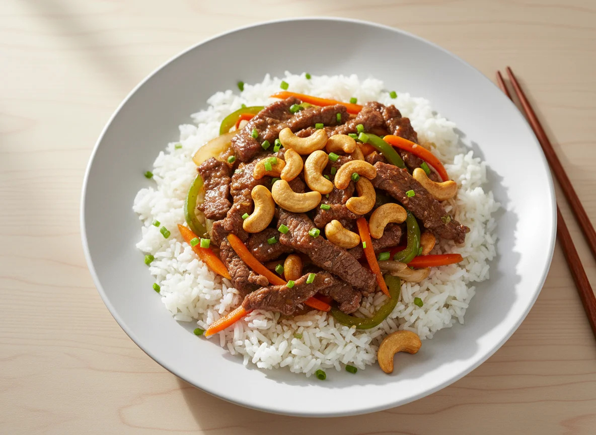Gebratenes Rindfleisch mit Reis und Cashewkernen photo