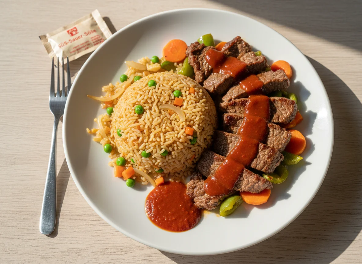 Gebratenes Rindfleisch mit Reis und Gemüse photo