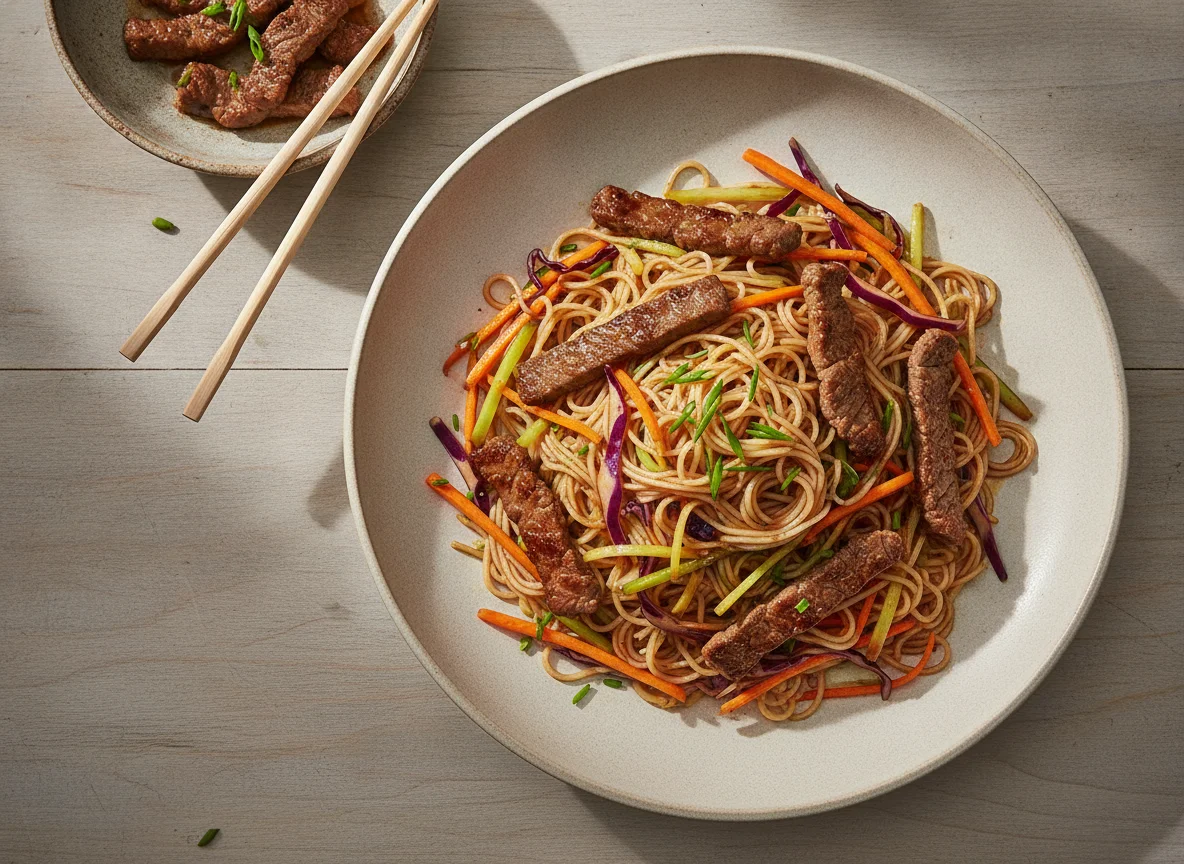 Gebratenes Rindfleisch mit Reisnudeln und Gemüse photo