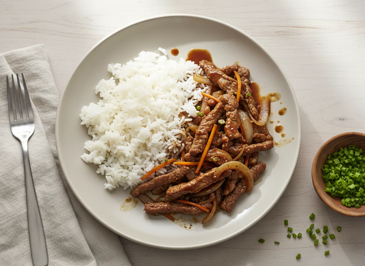Gebratenes Rindfleisch mit Zwiebeln und Reis photo