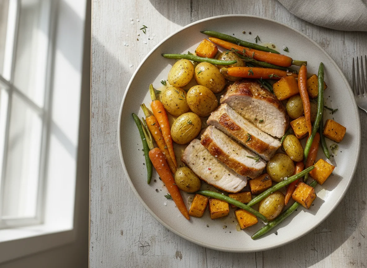 Gebratenes Schweinefleisch mit Gemüse und Kartoffeln photo