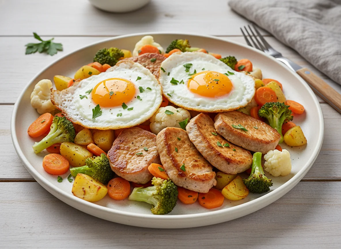 Gebratenes Schweinefleisch mit Gemüse und Spiegeleiern photo