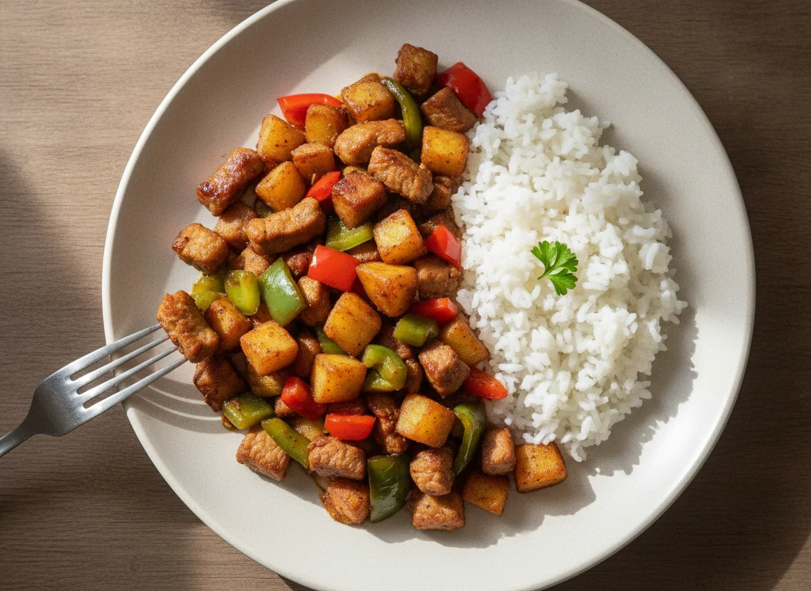 Gebratenes Schweinefleisch mit Paprika und Reis photo