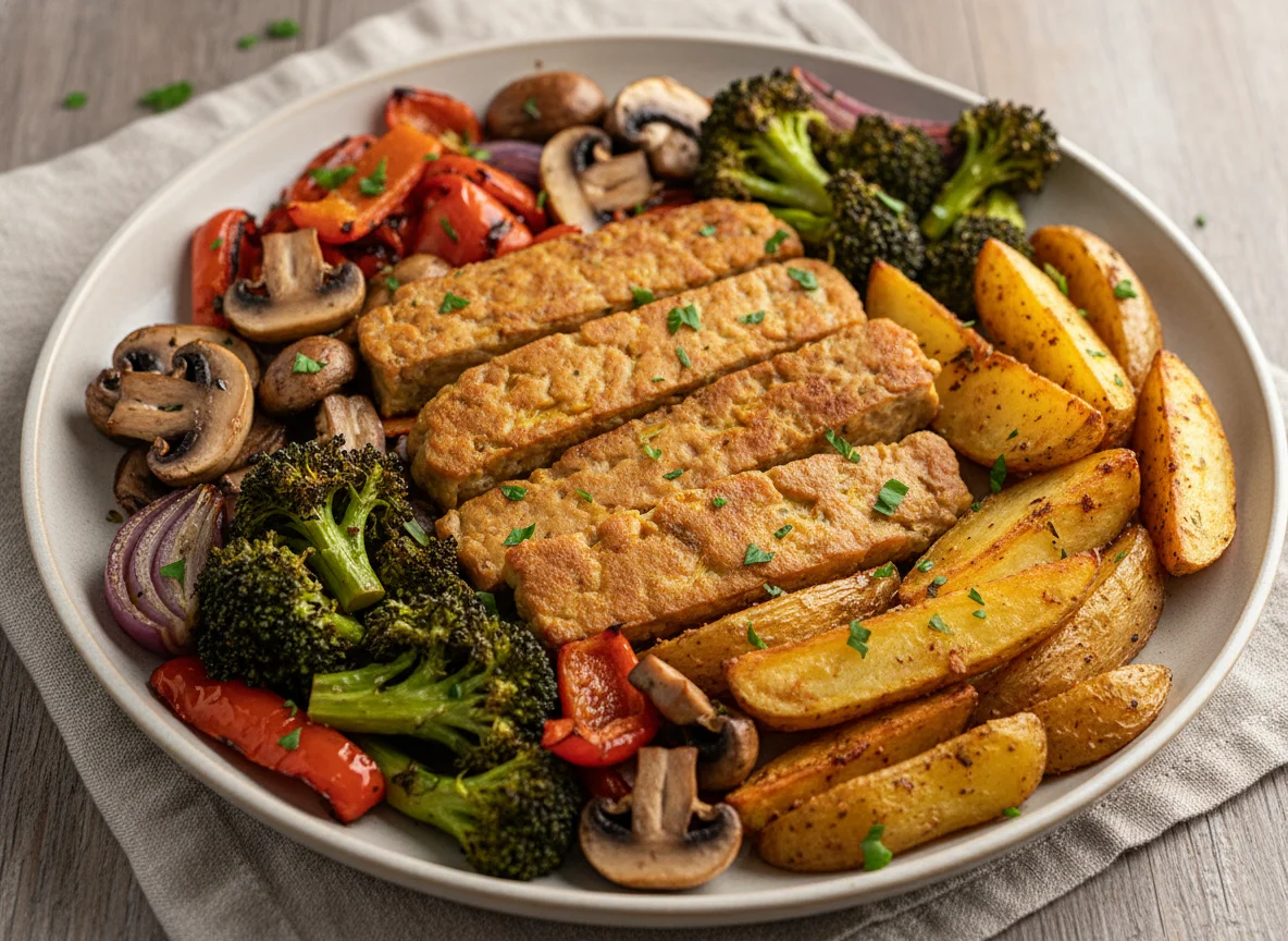 Gebratenes Tempeh mit Ofengemüse und Kartoffelspalten photo