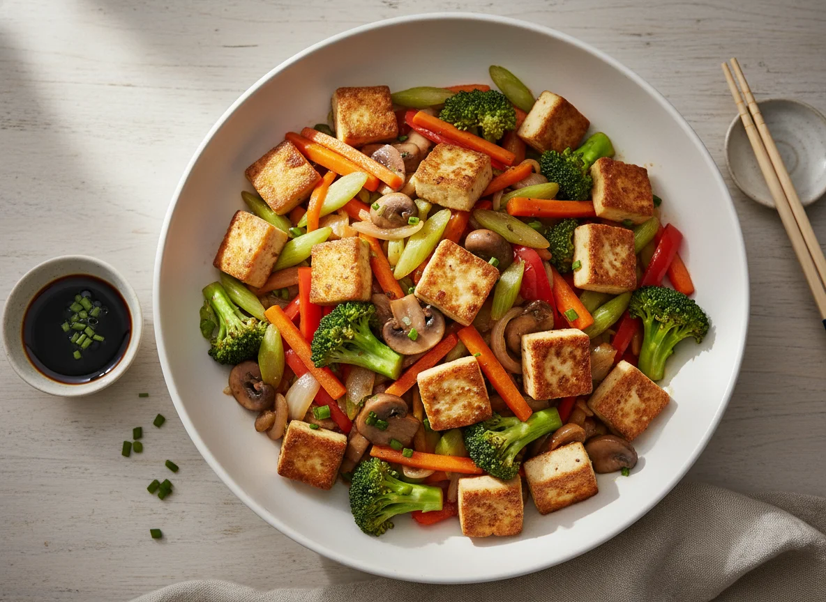 Gebratenes Tofu mit Gemüsepfanne photo