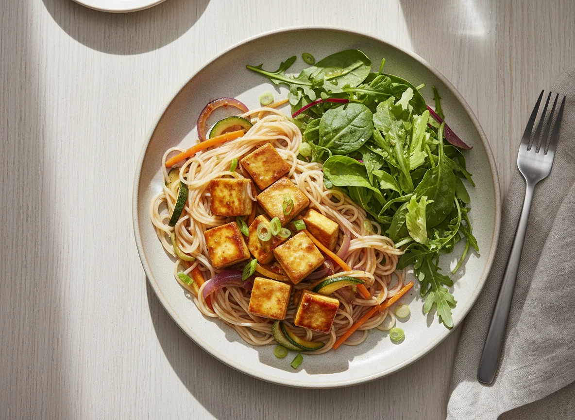 Gebratenes Tofu mit Nudeln und Salat photo