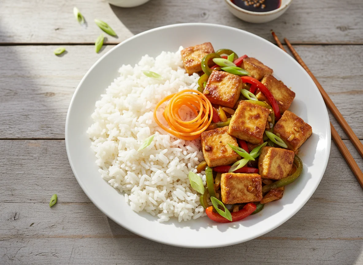 Gebratenes Tofu/Fleischersatz mit Reis und Gemüse photo