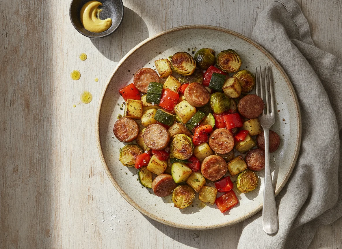Gebratenes Wurzelgemüse mit Rosenkohl und Wurst photo