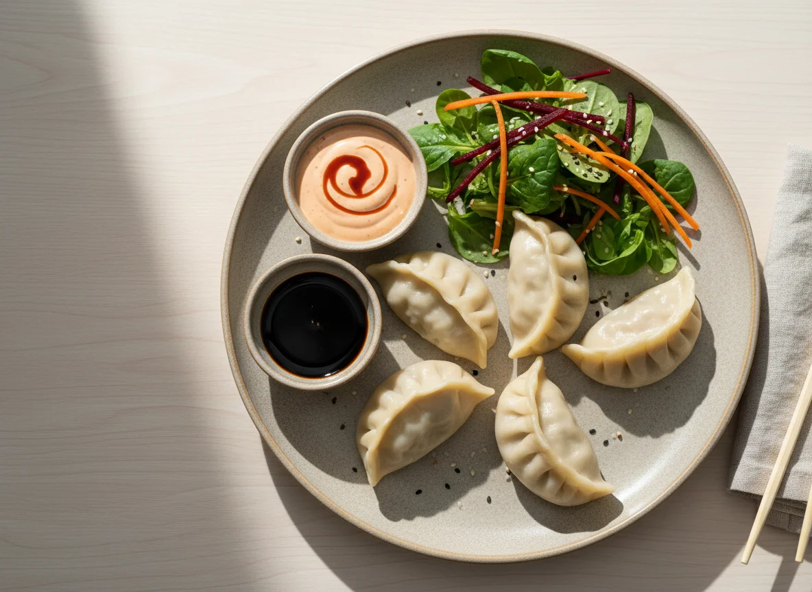 Gedämpfte Teigtaschen mit Salat und Sauce photo