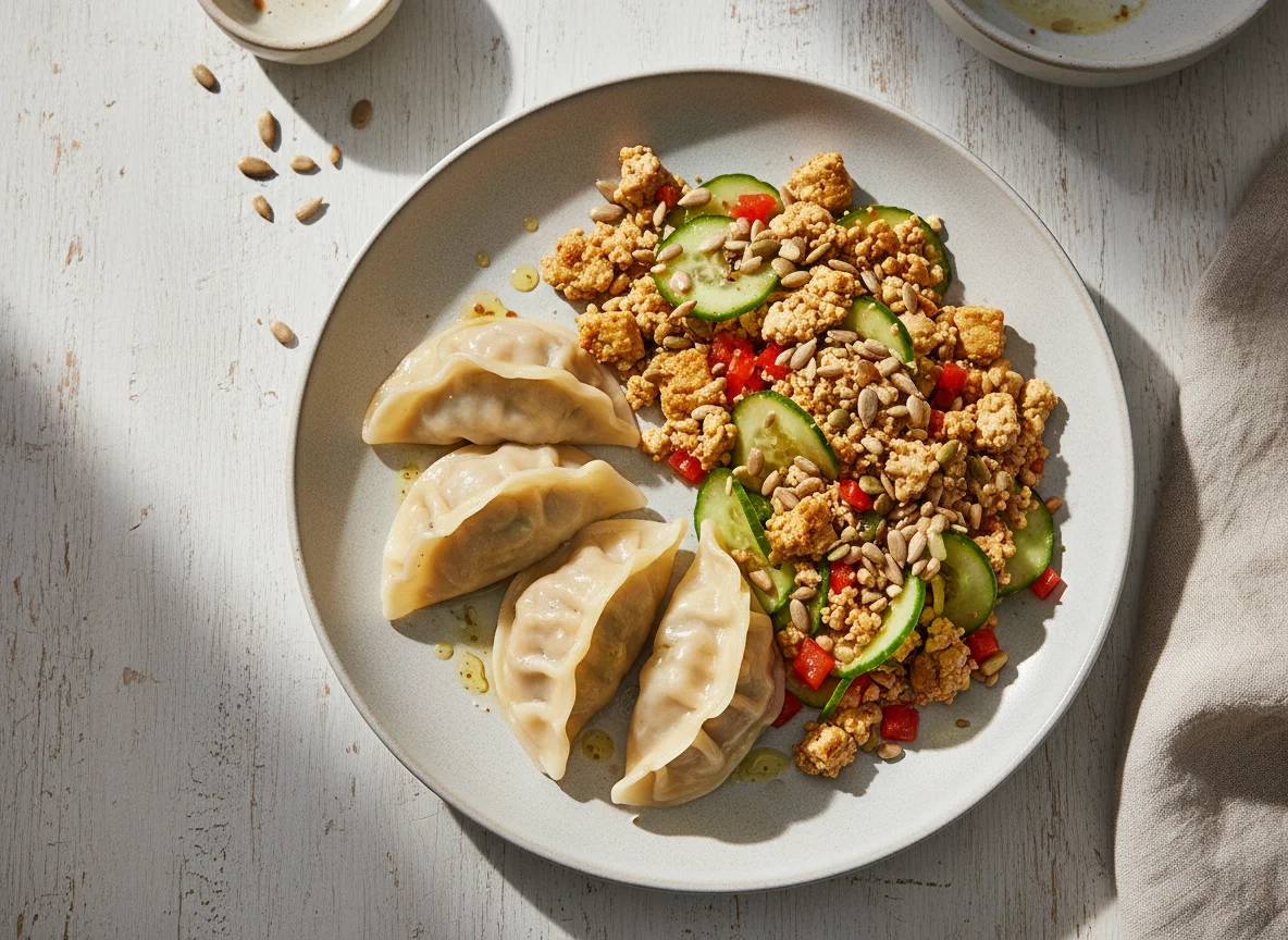 Gedämpfte Teigtaschen mit Tofu-Salat photo