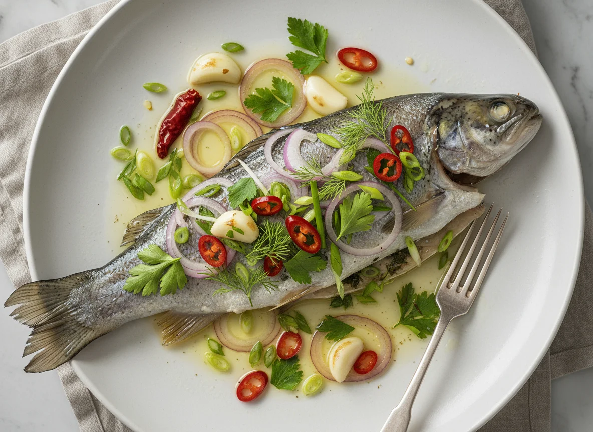 Gedämpfter Fisch mit Kräutern und Chili photo