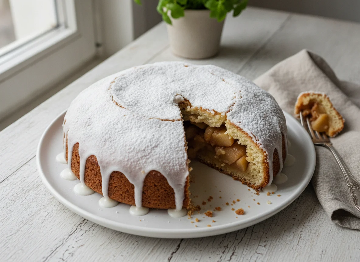 Gedeckter Apfelkuchen mit Zuckerguss photo
