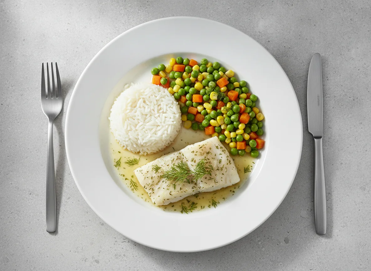 Gedünsteter Fisch mit Reis und Mischgemüse photo