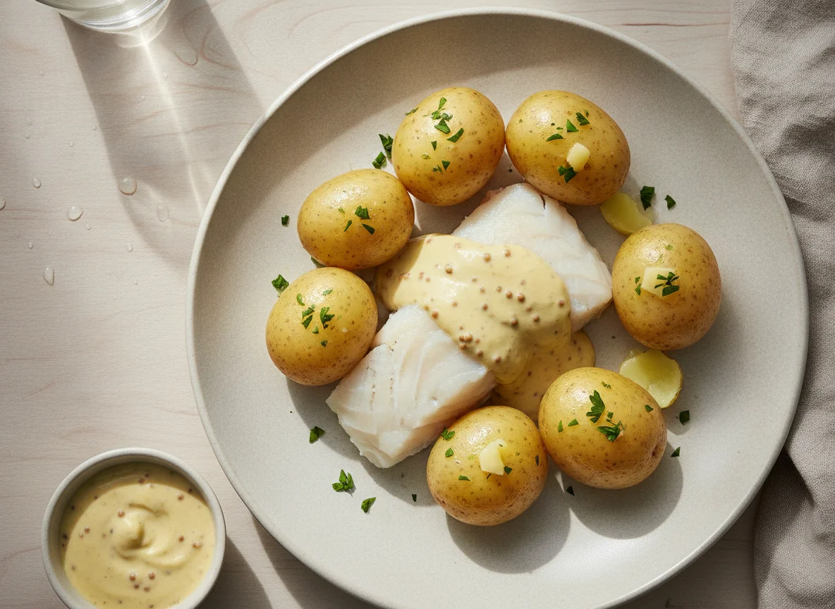 Gedünsteter Fisch mit Salzkartoffeln und Senfsauce photo