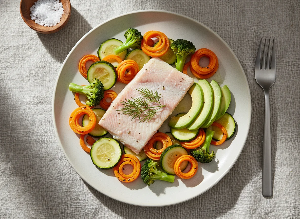 Gedünstetes Fischfilet mit Avocado und Pfannengemüse photo