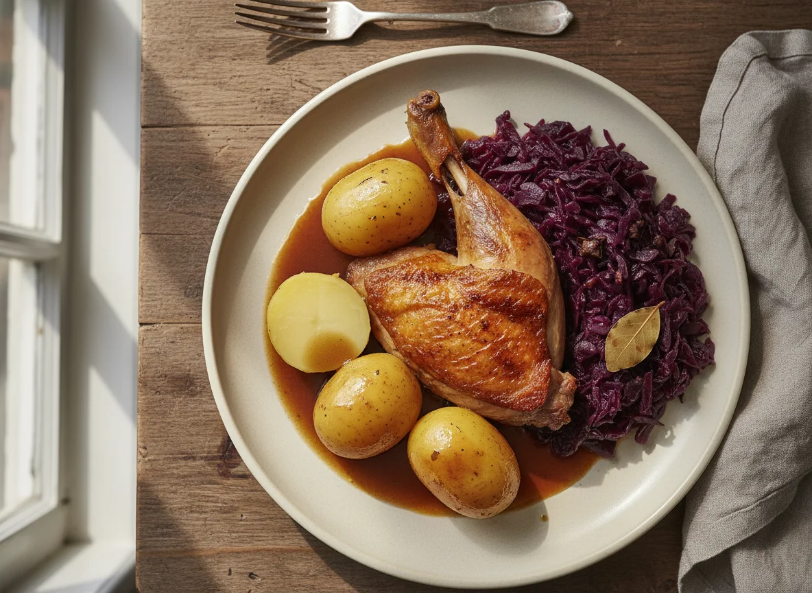 Geflügel mit Rotkohl und Kartoffeln photo