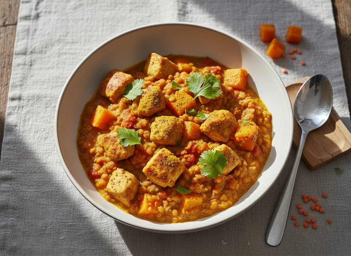 Geflügelcurry mit Kürbis und Linsen photo