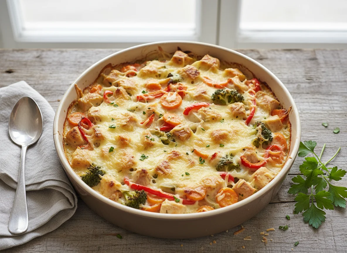 Geflügel-Gemüse-Auflauf mit Käse überbacken photo