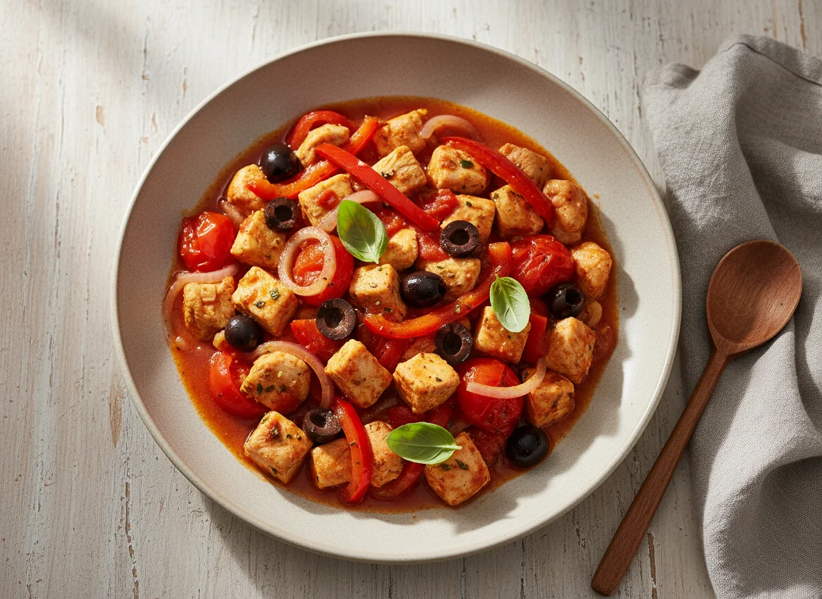 Geflügel-Gemüse-Pfanne mit Oliven photo