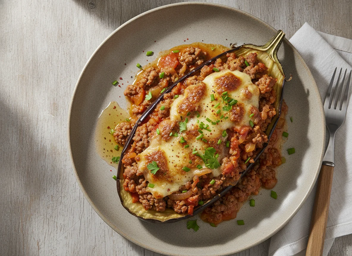 Gefüllte Aubergine mit Hackfleisch photo