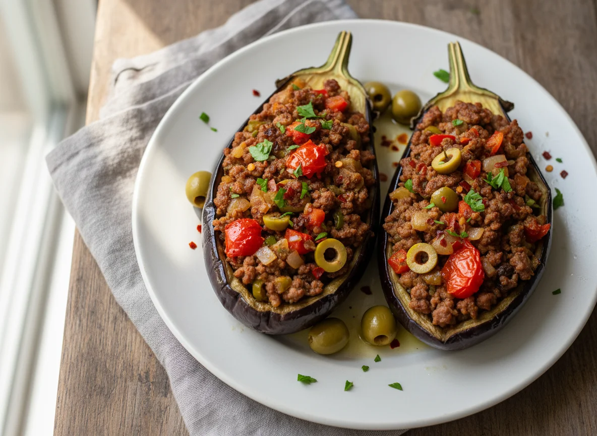 Gefüllte Aubergine mit Hackfleisch und Gemüse photo