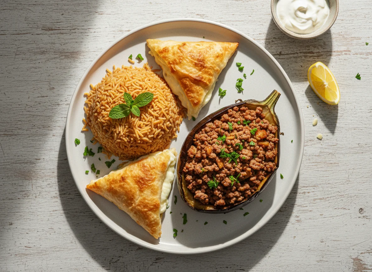 Gefüllte Aubergine mit Reis und Börek photo