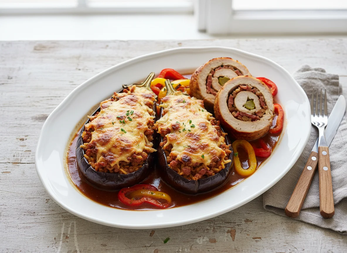 Gefüllte Aubergine und Fleischroulade photo