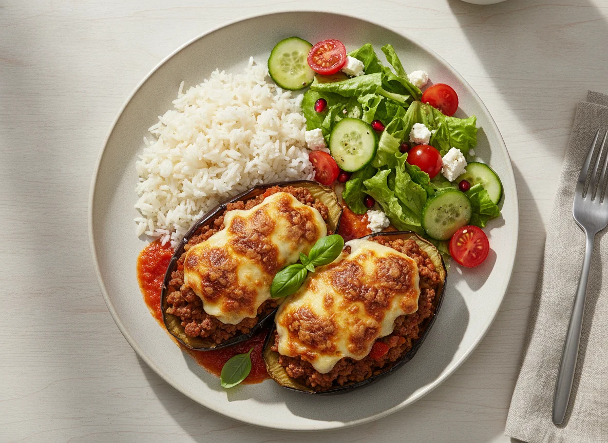 Gefüllte Auberginen mit Reis und Beilagensalat photo