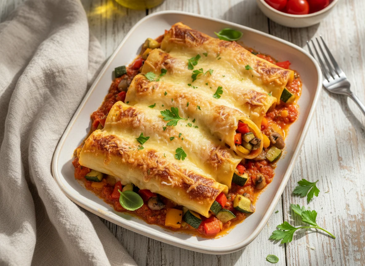 Gefüllte Cannelloni mit Gemüse und Käse überbacken photo