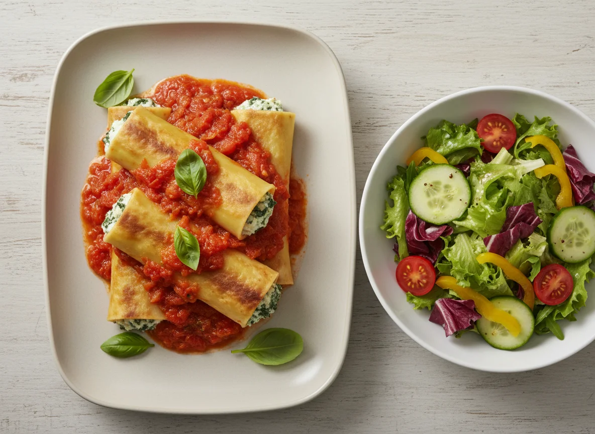 Gefüllte Cannelloni mit Tomatensauce und Beilagensalat photo