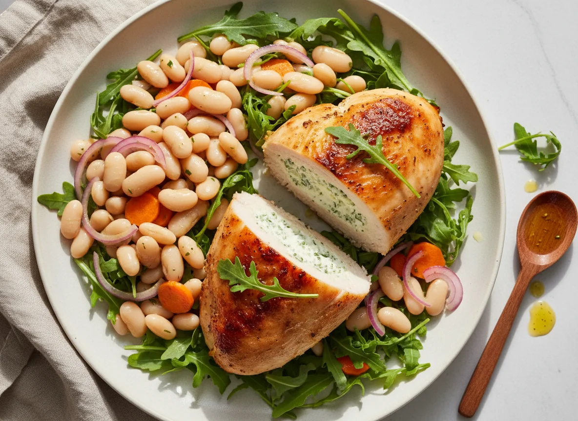 Gefüllte Hähnchenbrust mit Bohnensalat und Rucola photo