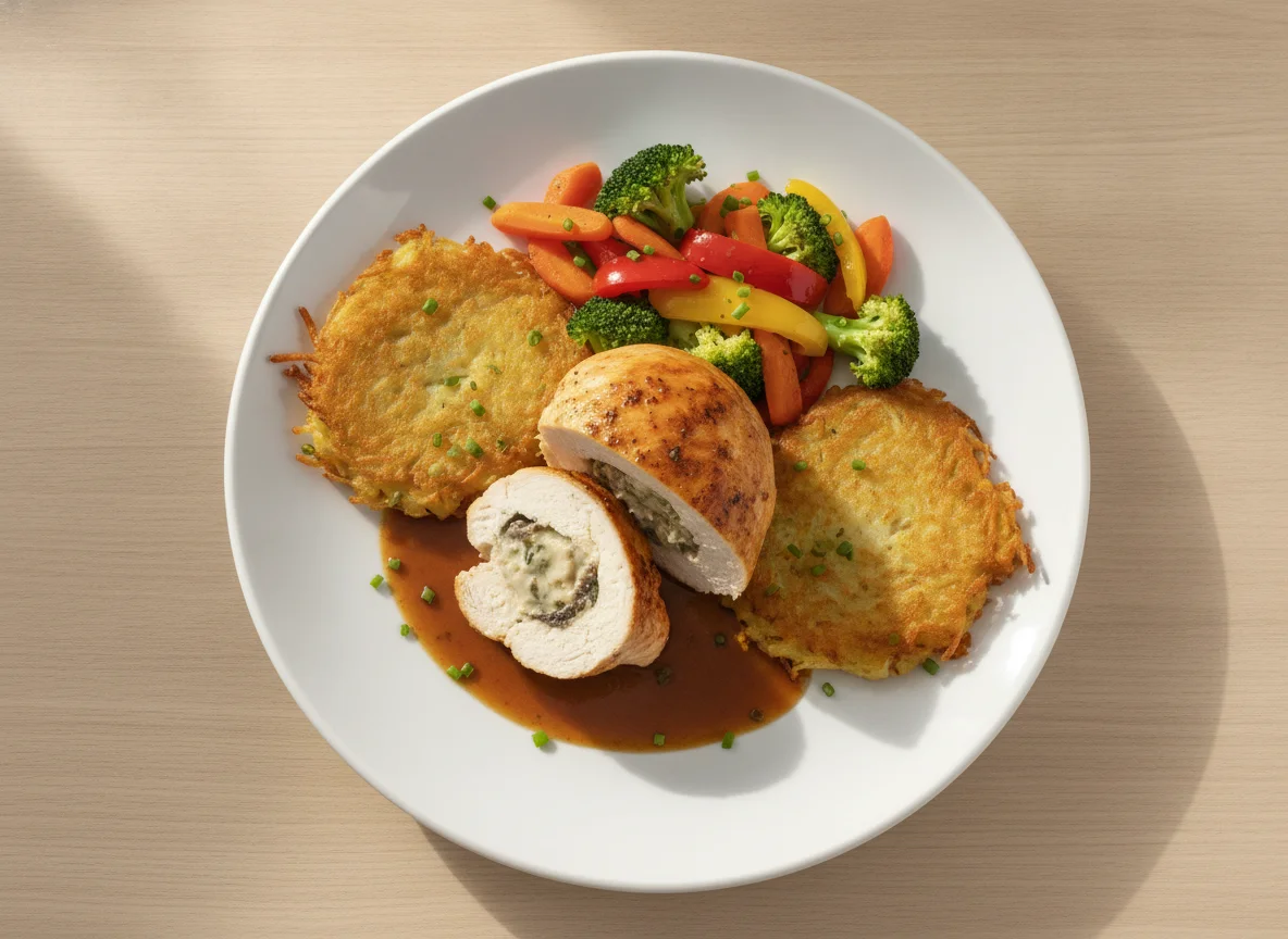 Gefüllte Hähnchenbrust mit Gemüse und Kartoffelpuffern photo