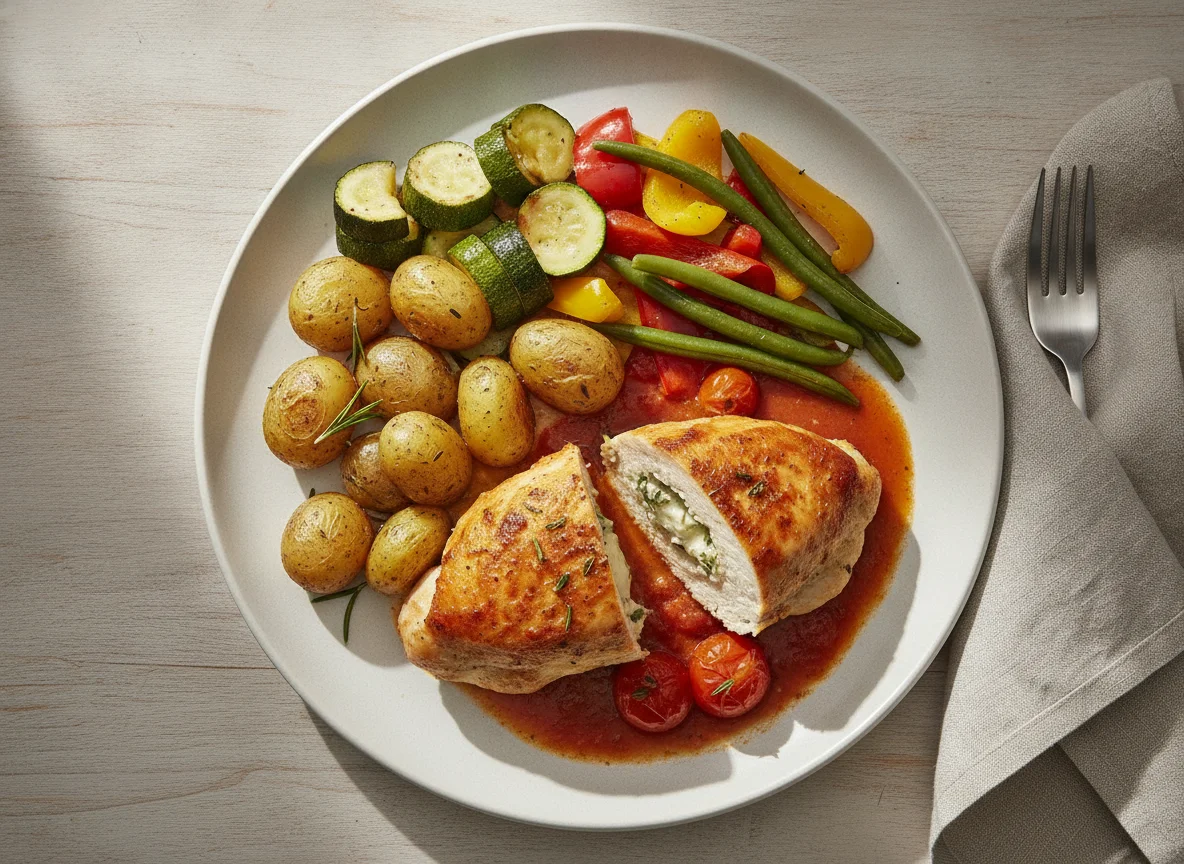 Gefüllte Hähnchenbrust mit Kartoffeln und Gemüse photo